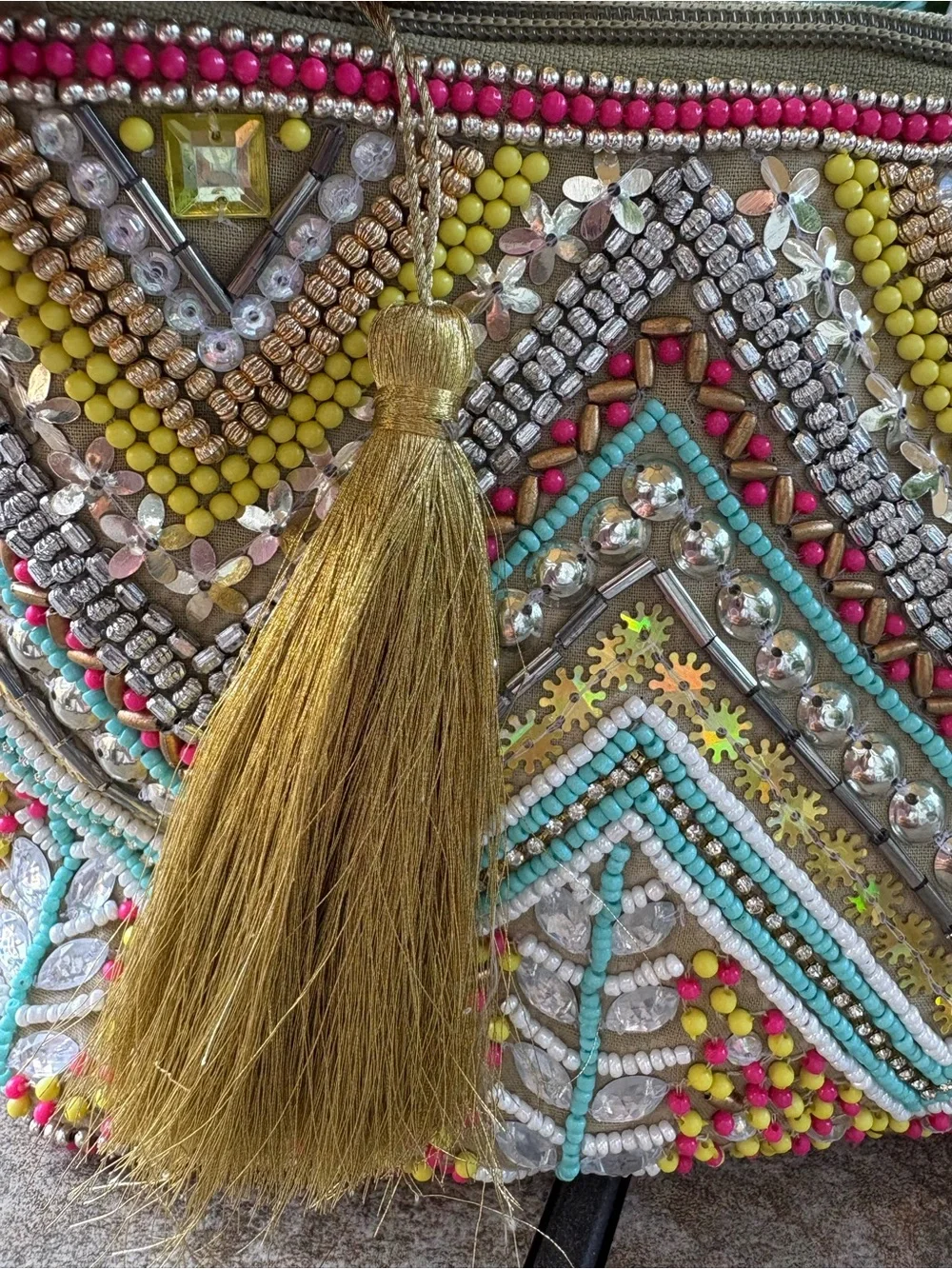 Beaded Chevron Tassel Clutch - Multicolor